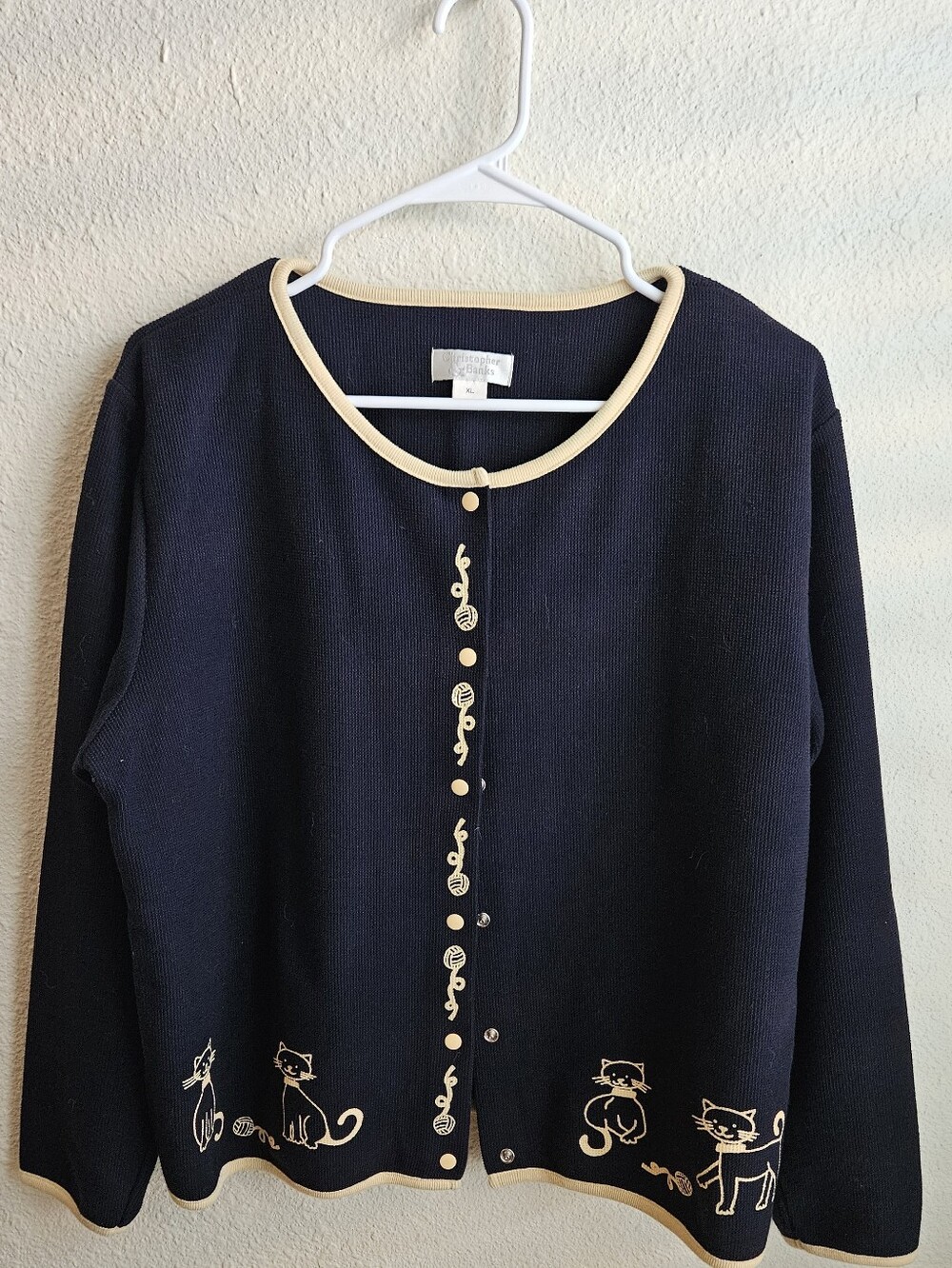 VINTAGE Christopher & Banks Navy Cardigan with Cream Trim and Cat Motif.